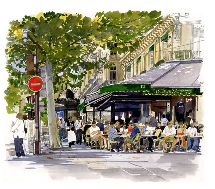 Café les Fabrice moireux illustration en aquarelle deux magots paris
