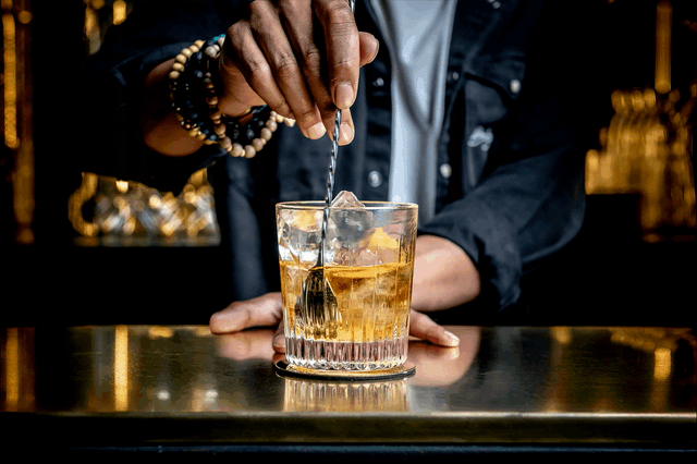 Caspar Miskin photographe culinaire gif d'une personne qui touille un cocktail whisky ambiance feutré dans un bar tonalité or ocre